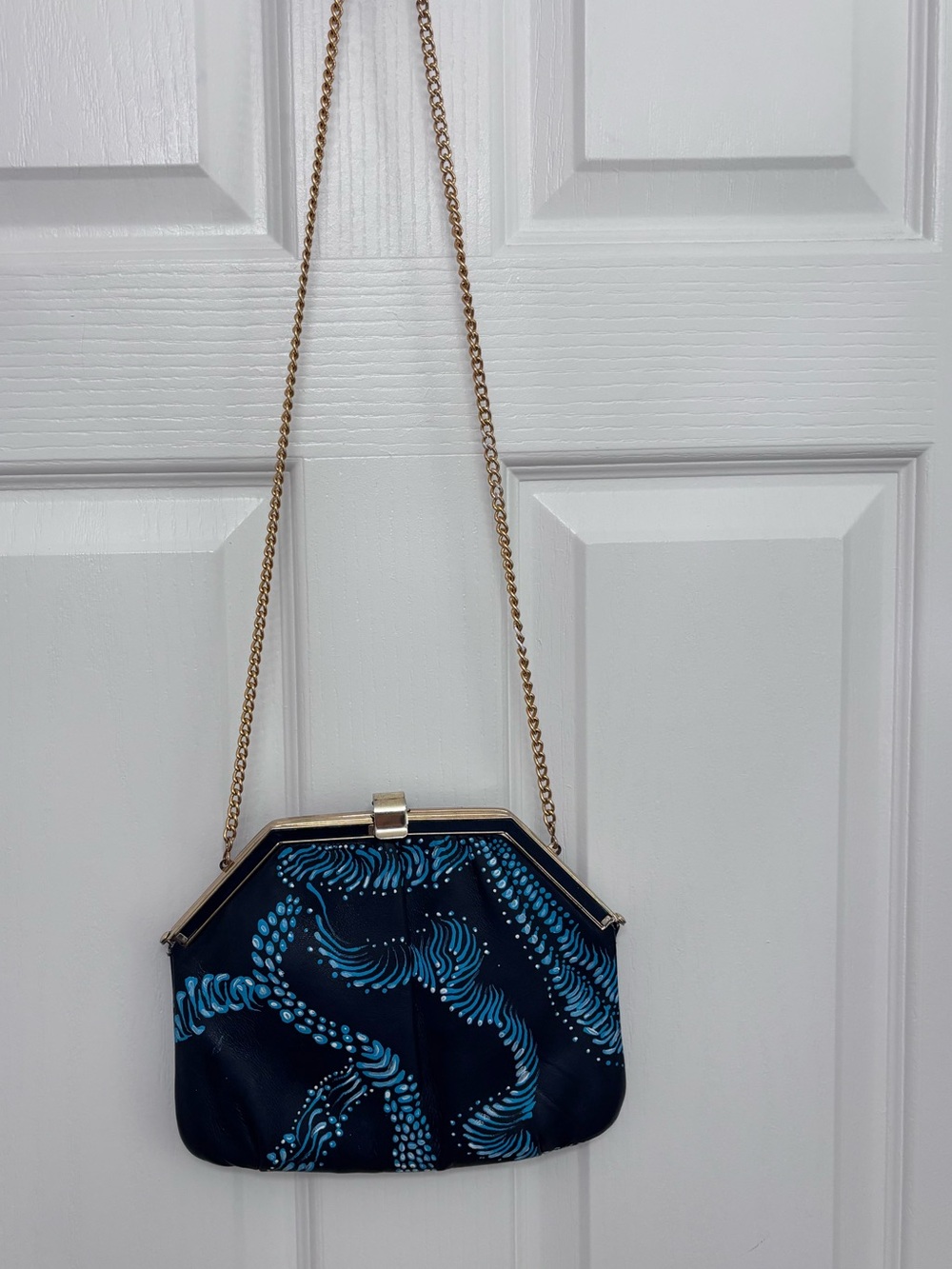Navy Blue Patterned Chain-Handle Evening Bag. Hand painted. One of a kind.